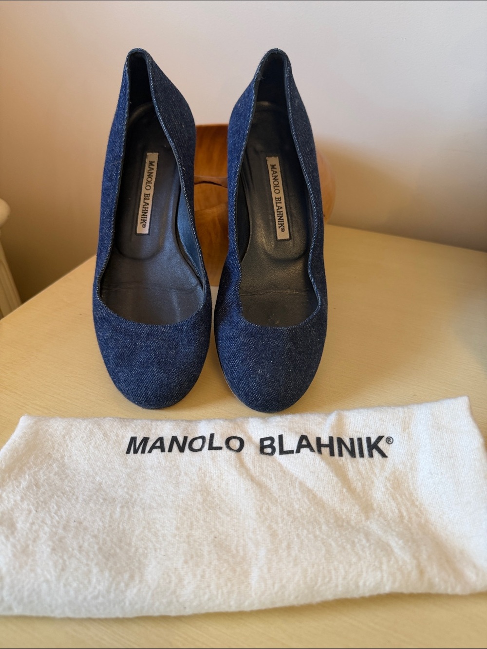 Manolo Blahnik Dark Blue Denim Round-Toe Pumps
